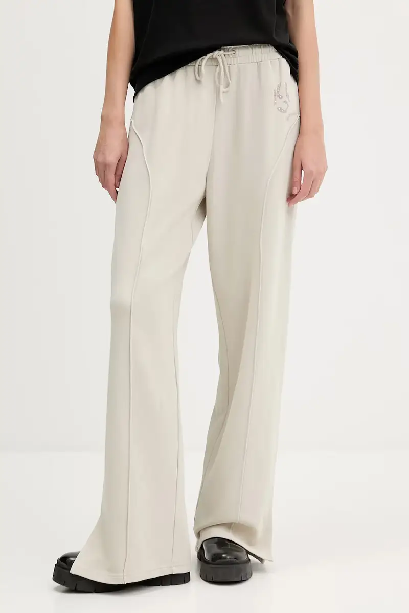 pantaloni tuta di cotone donna colore beige con applicazione A4W10080