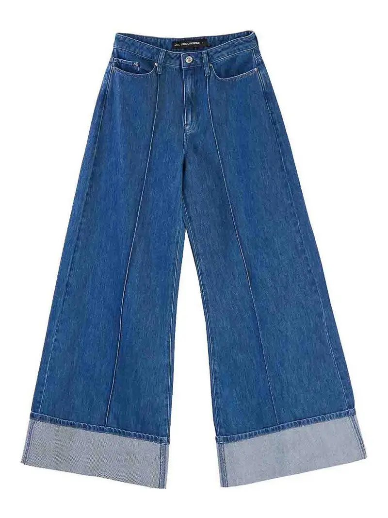 Pantaloni in denim a gamba larga piegati Blu