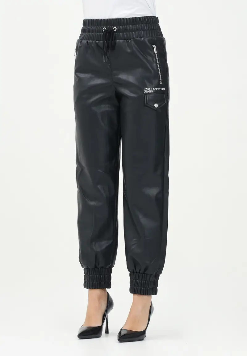 KARL LAGERFERLD Pantalone casual in ecopelle nera da donna con logo