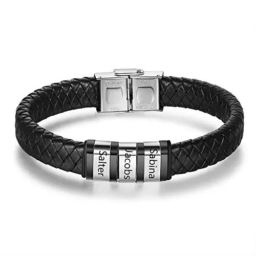 kaululu Bracciale Pelle Uomo Personalizzato in Argento con Famiglia Coppia Nomi Incisione Braccialetti Uomo con 1 Nome