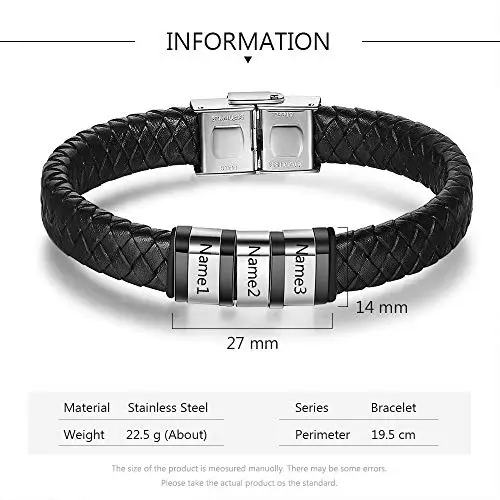 kaululu Bracciale Pelle Uomo Personalizzato in Argento con Famiglia Coppia Nomi Incisione Braccialetti Uomo con 1 Nome miniatura 2