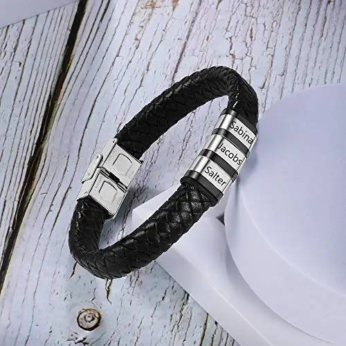 kaululu Bracciale Pelle Uomo Personalizzato in Argento con Famiglia Coppia Nomi Incisione Braccialetti Uomo con 1 Nome miniatura 3