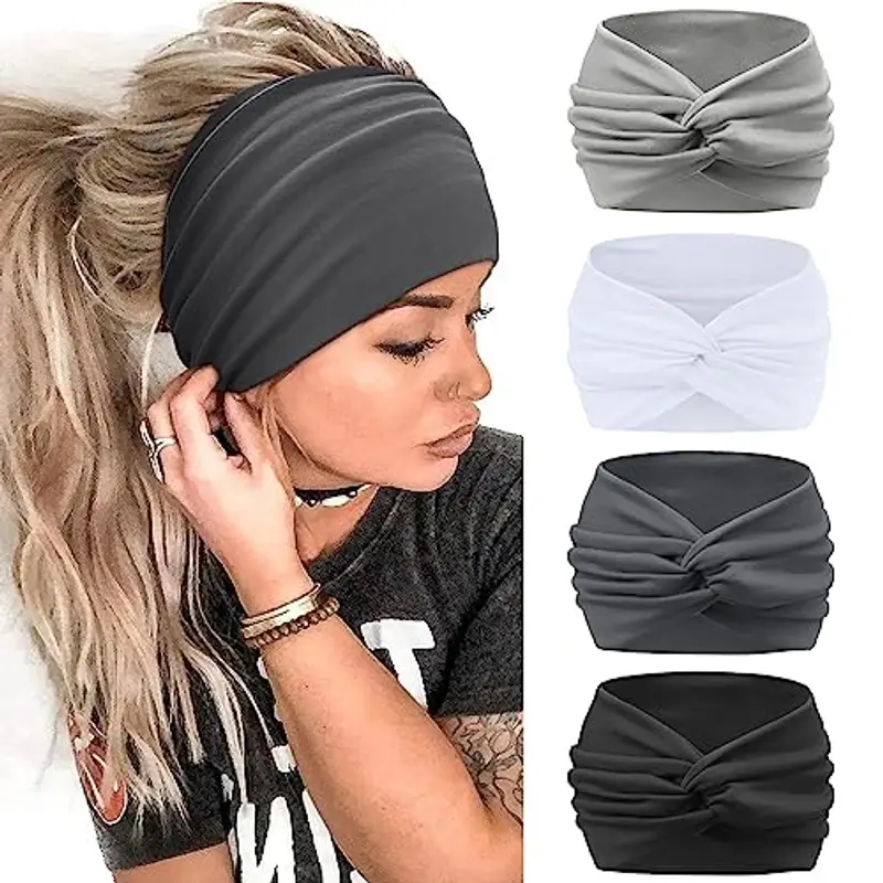 KAVYA Fascia Capelli Donna 4 Pz 7'' Elastico Cerchietto Movimento Yoga Bandana Grigio