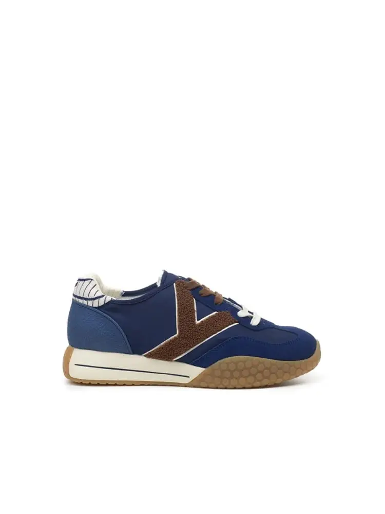 sneakers in tessuto e camoscio blu e marrone