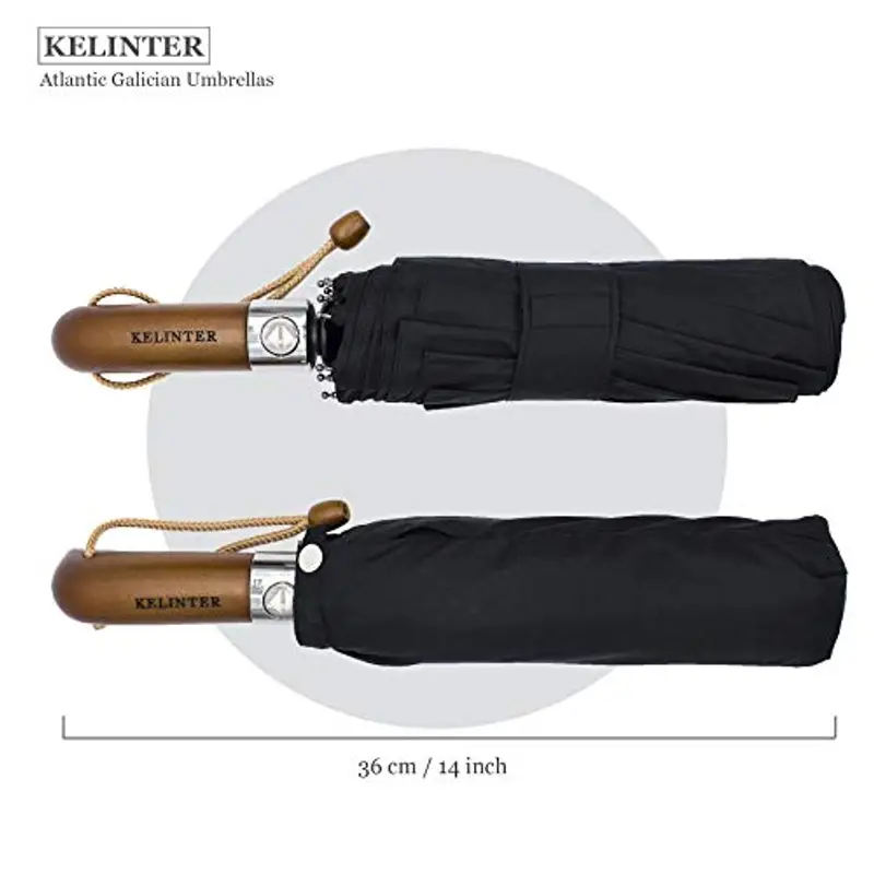 KELINTER Ombrello Pieghevole Automatico - 10 Steli Rinforzati, Teflon 300T, Antivento, Manico in Legno Ergonomico miniatura 2