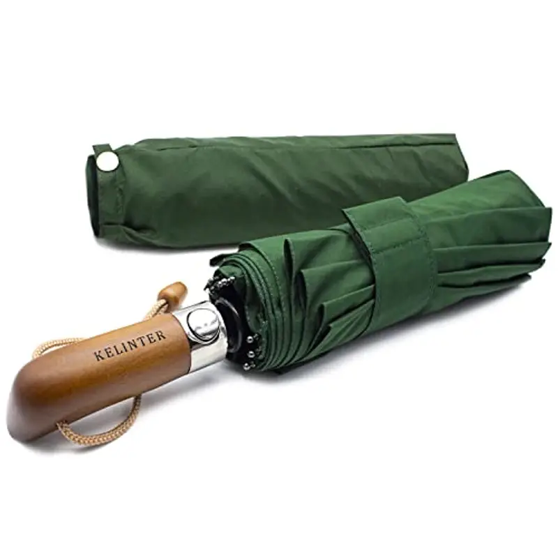 KELINTER Ombrello Pieghevole Automatico - 10 Steli Rinforzati, Teflon 300T, Antivento, Manico in Legno Ergonomico,