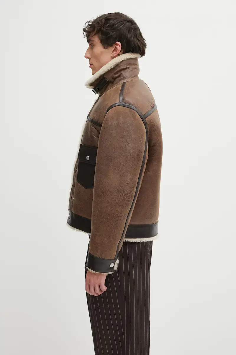 giacca in pelle Shearling Trucker colore marrone FF68LV3040AB