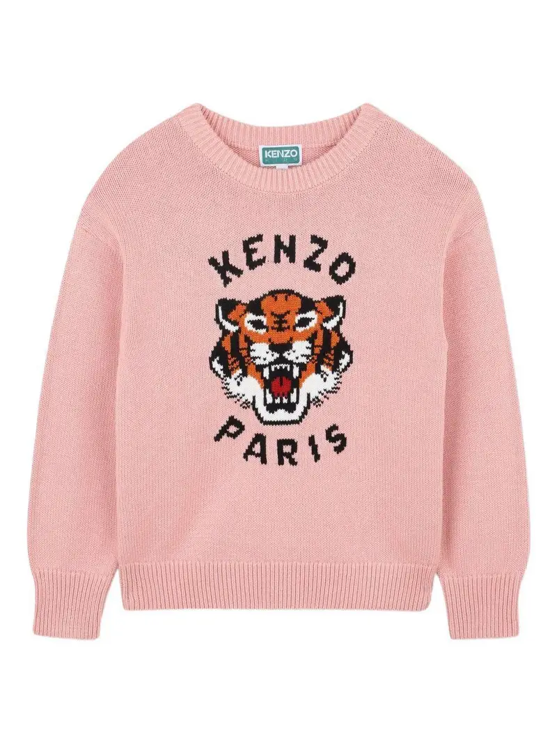 Maglione con Motivo Tiger Head e Finiture a Coste Rosa