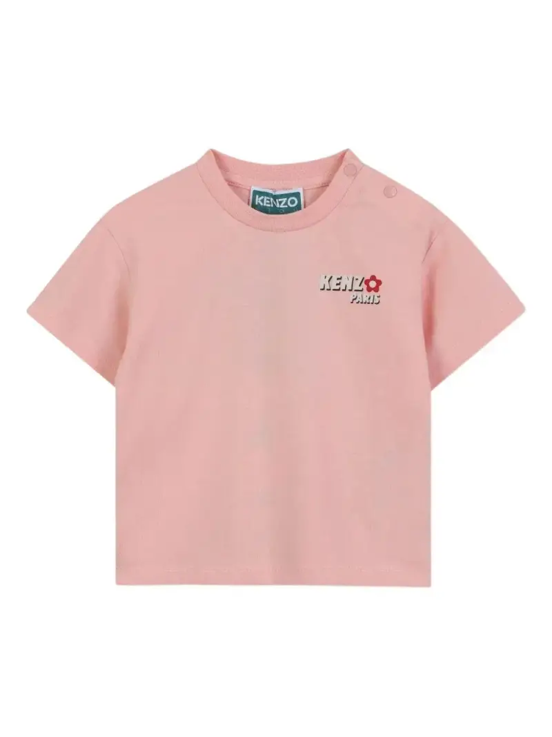 T-shirt con Stampa Logo e Motivo Floreale Rosa