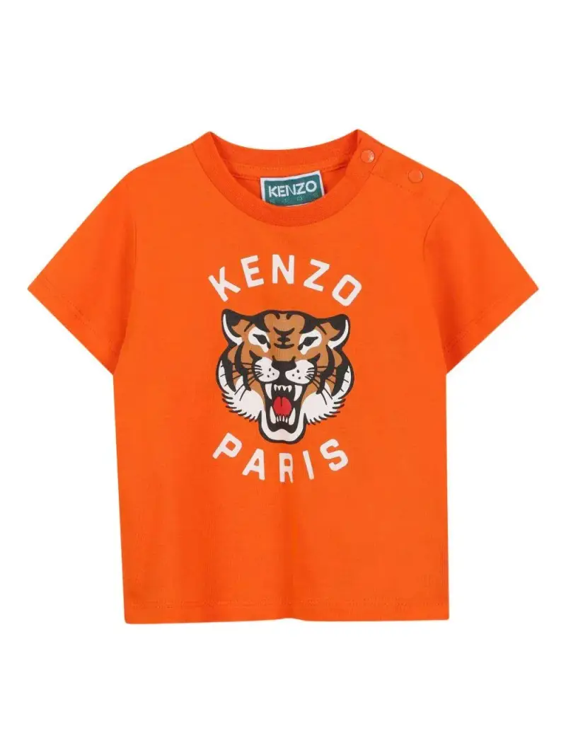 T-shirt con Stampa Tigre e Logo Arancio