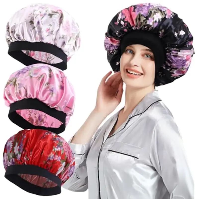 KEYRI 4 Pezzi Cuffia di Dormire Berretto da Notte Elastico Cappello da Notte per Donna Traspirante Raso Morbido e