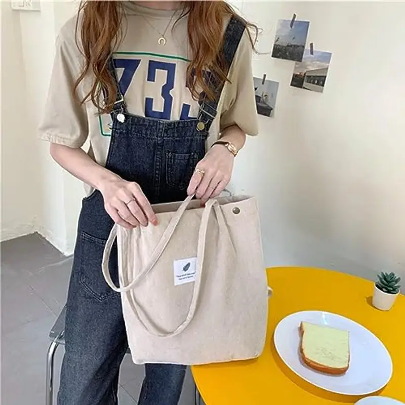 KEYRI Borsa Shopper Donna Tote a Tracolla in Velluto a Coste Moda Grandi Capacità Riutilizzabile Tote Bag per Uso Viaggi Shopping Lavoro Scuola Universitaria (Bianco) miniatura 4