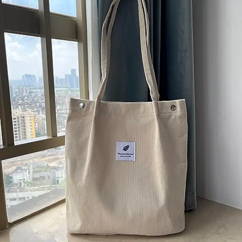 KEYRI Borsa Shopper Donna Tote a Tracolla in Velluto a Coste Moda Grandi Capacità Riutilizzabile Tote Bag per Uso Viaggi Shopping Lavoro Scuola Universitaria (Bianco) miniatura 5