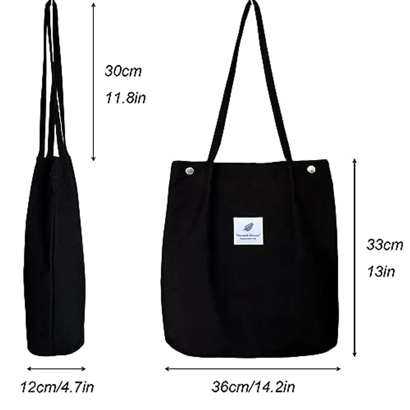 KEYRI Borsa Shopper Donna Tote a Tracolla in Velluto a Coste Moda Grandi Capacità Riutilizzabile Tote Bag per Uso Viaggi Shopping Lavoro Scuola Universitaria (Nero) miniatura 2