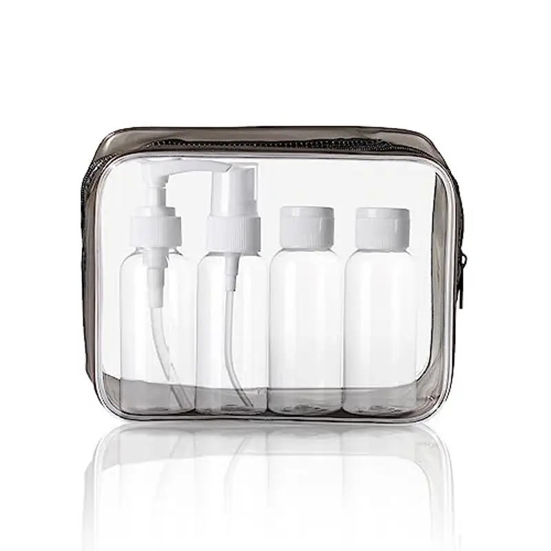 KEYRI Set Borsa da Toilette Trasparente e Bottigliette da Viaggio per Aereo, 4pezzi 60ml, Contenitori per Liquidi, per Cosmetici FDA (S, Nero)