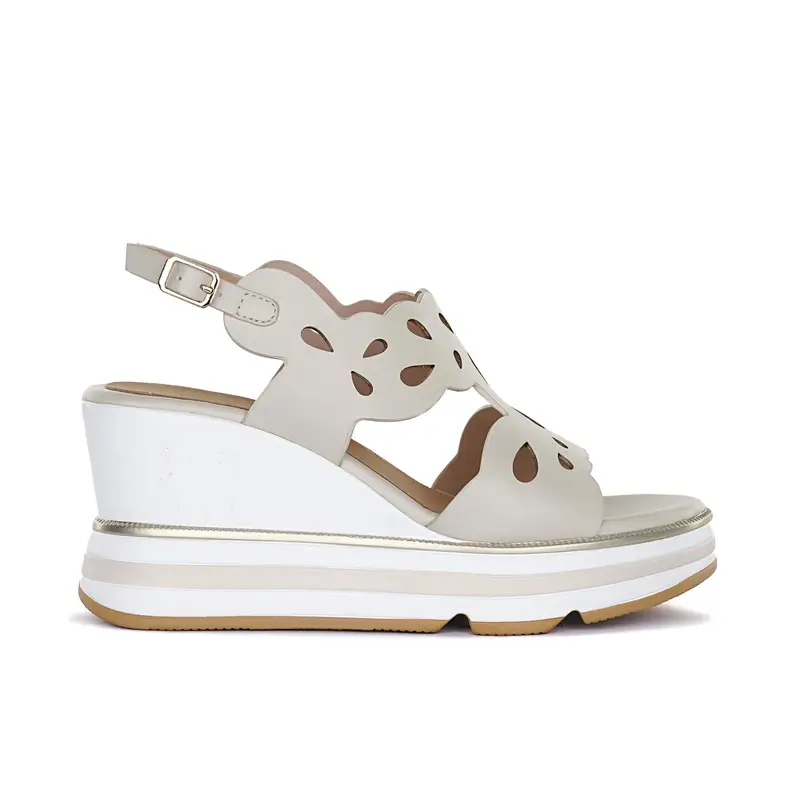 Sandali beige da donna con zeppa e dettaglio traforato