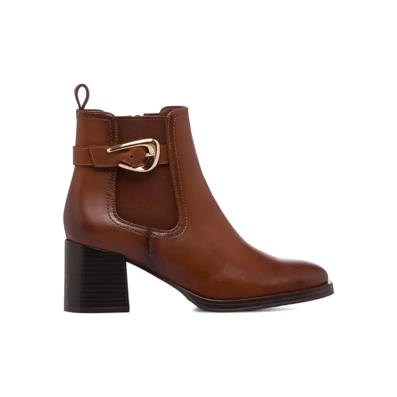 Stivaletti marroni in pelle da donna con tacco medio largo e fibbia