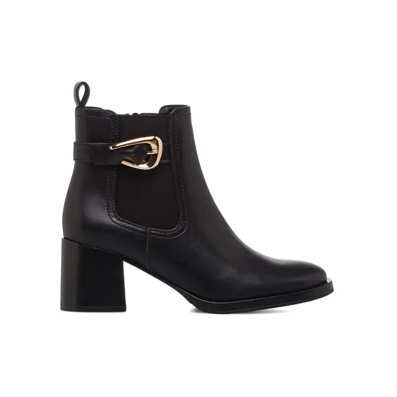 Stivaletti neri in pelle da donna con tacco medio largo e fibbia