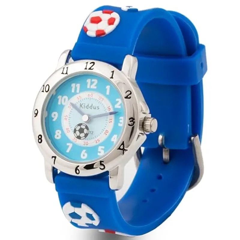 Kiddus Orologio Analogico. Per Bambini 5-10 Anni. Didattico, da Polso per Bambino, Facilità di Lettura dell’Ora. Primo Orologio Bambino. Calcio blu