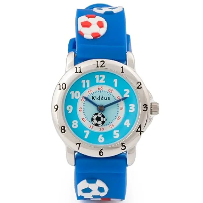 Kiddus Orologio Analogico. Per Bambini 5-10 Anni. Didattico, da Polso per Bambino, Facilità di Lettura dell’Ora. Primo Orologio Bambino. Calcio blu miniatura 3