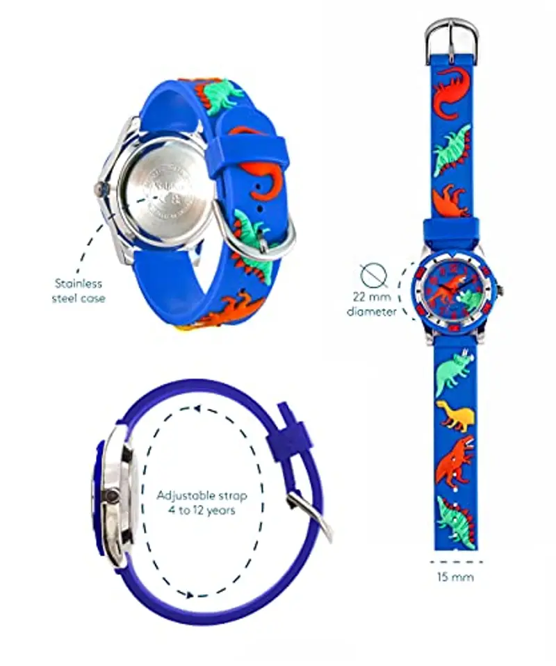 Kiddus Orologio Analogico. Per Bambini 5-10 Anni. Didattico, da Polso per Bambino, Facilità di Lettura dell’Ora. Primo Orologio Bambino. Dino. Blu miniatura 2