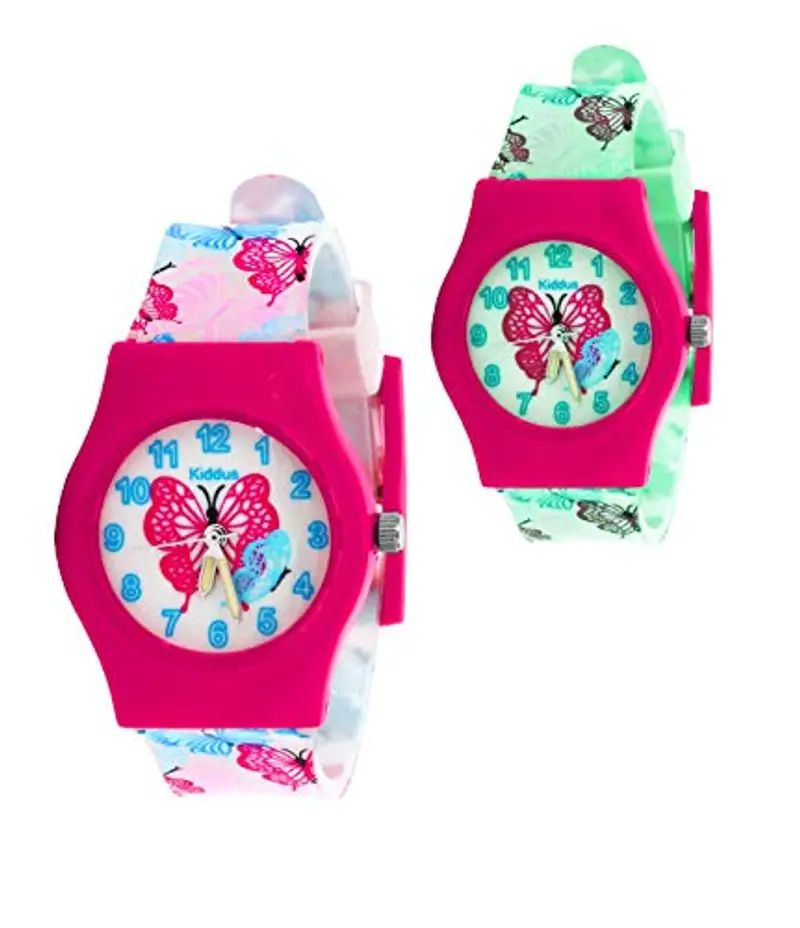 Kiddus Orologio Analogico. Per Bambini 5-10 Anni. Didattico, da Polso per Bambino, Facilità di Lettura dell’Ora. Primo Orologio Bambino. Fluorescente. Farfalla