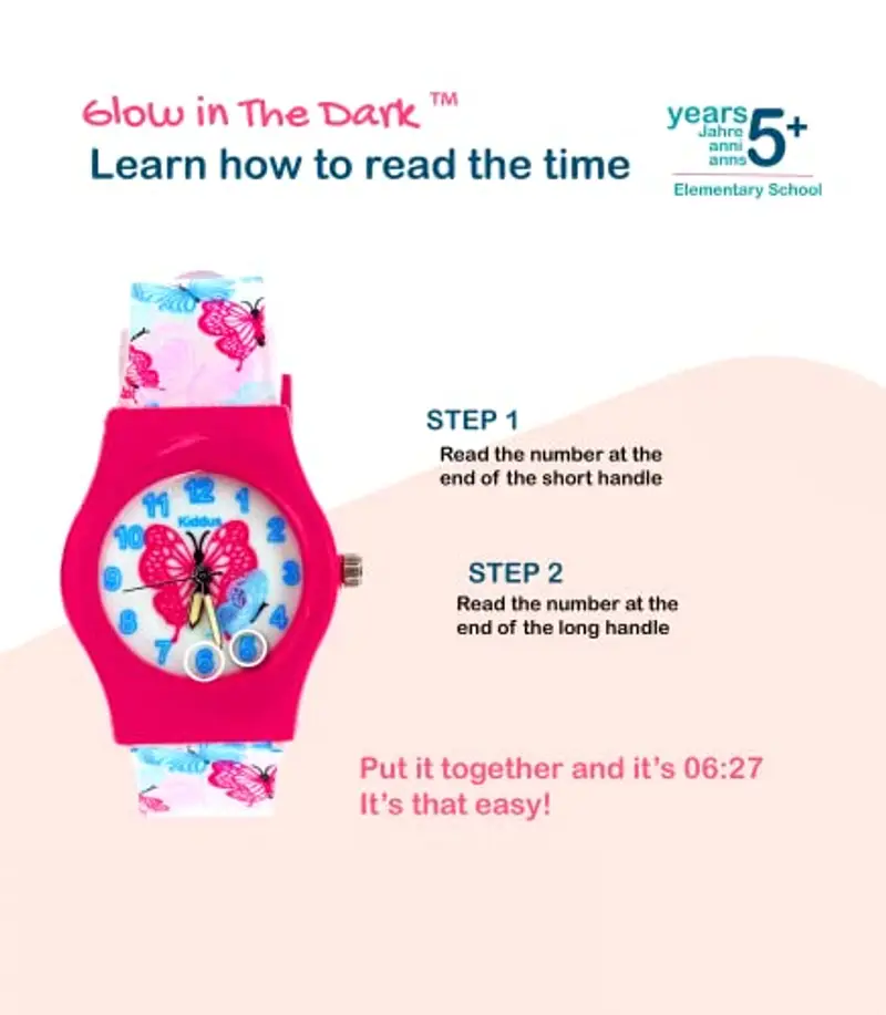 Kiddus Orologio Analogico. Per Bambini 5-10 Anni. Didattico, da Polso per Bambino, Facilità di Lettura dell’Ora. Primo Orologio Bambino. Fluorescente. Farfalla miniatura 2