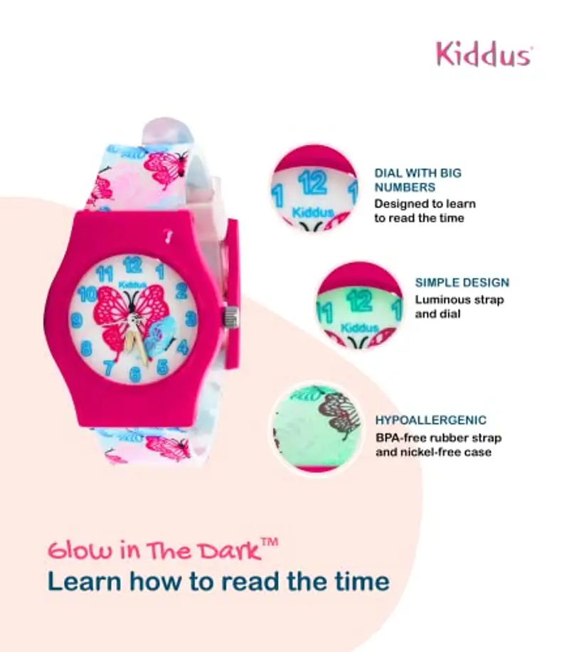 Kiddus Orologio Analogico. Per Bambini 5-10 Anni. Didattico, da Polso per Bambino, Facilità di Lettura dell’Ora. Primo Orologio Bambino. Fluorescente. Farfalla miniatura 3