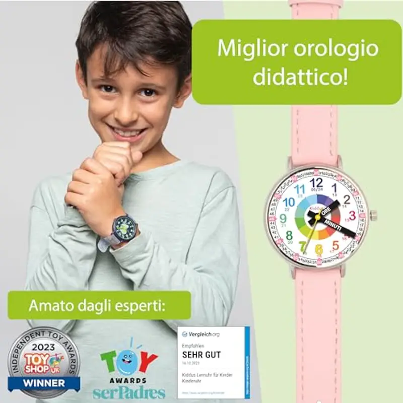 Kiddus Orologio Educativo Analogico per Bambini - Didattico, da Polso per Bambina, Facilità di Lettura dell’Ora, Adatto a Bimba 5-10 Anni, Primo Orologio con Ore e Minuti. Pelle PU Rosa miniatura 2