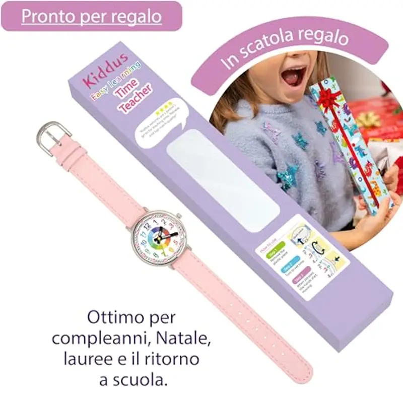 Kiddus Orologio Educativo Analogico per Bambini - Didattico, da Polso per Bambina, Facilità di Lettura dell’Ora, Adatto a Bimba 5-10 Anni, Primo Orologio con Ore e Minuti. Pelle PU Rosa miniatura 3