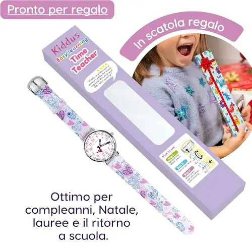Kiddus Orologio Educativo per Bambine, Orologio da polso Analogico per Bambina 5-10 Anni, 3ATM e 5ATM, Primo con Ore e miniatura 3