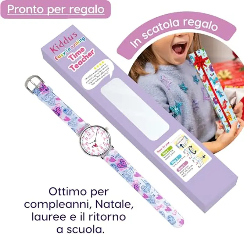 Kiddus Orologio Educativo per Bambine, Orologio da polso Analogico per Bambina 5-10 Anni, 3ATM e 5ATM, Primo con Ore e Minuti, Regalo Bimba Aprendimento miniatura 3