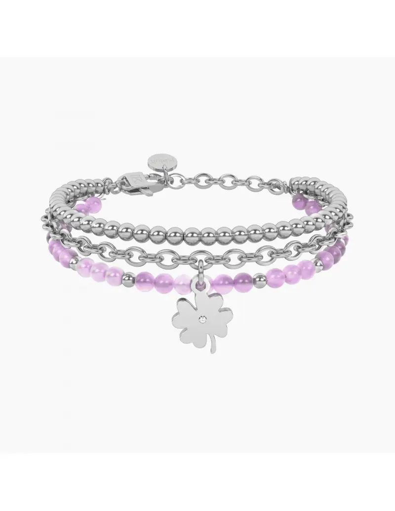 Bracciale 3 fili regolabile KIDULT Symbols 732319 in acciaio con sfere e giada rosa QUADRIFOGLIO/FORTUNA