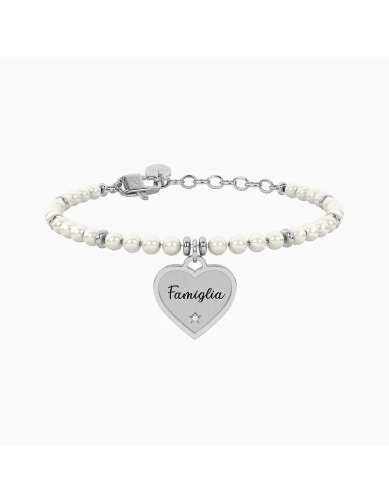 Bracciale regolabile KIDULT Family 732338 in acciaio con perle di conchiglia CUORE/FAMIGLIA