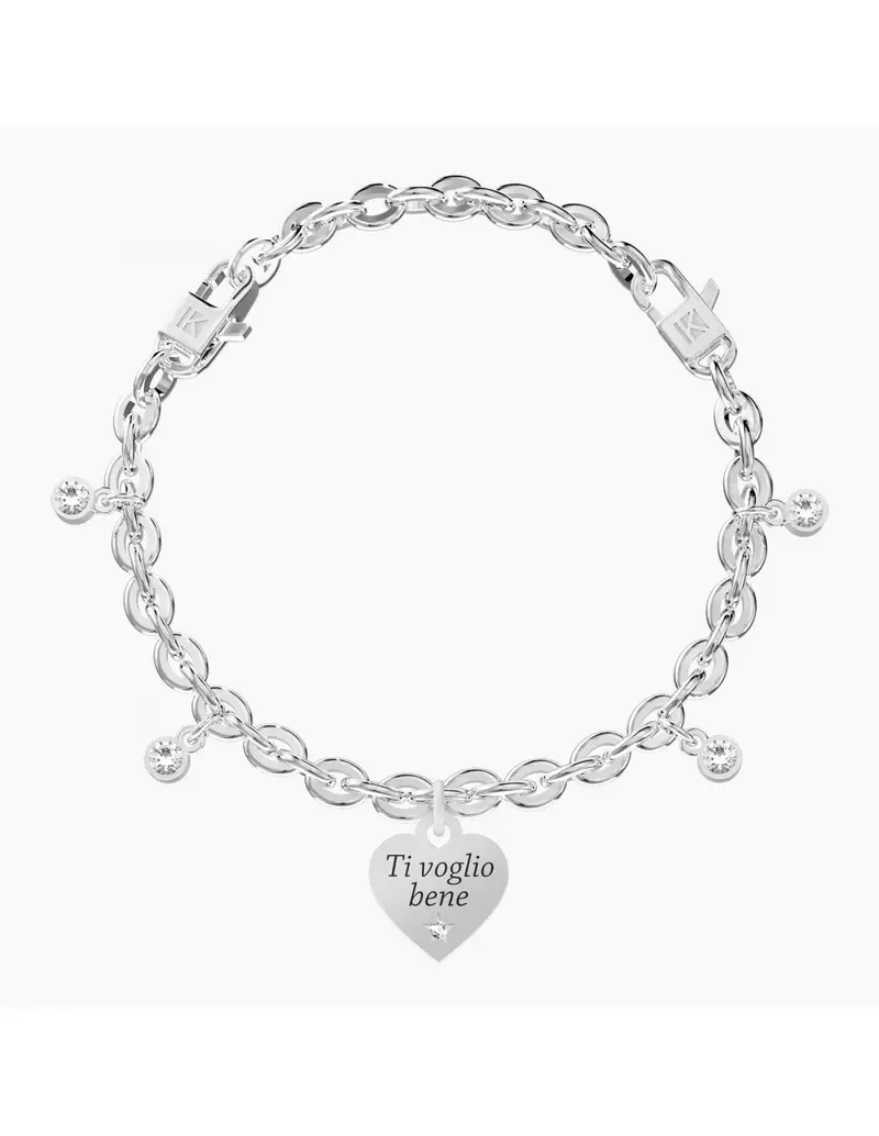 Bracciale regolabile KIDULT Love 732278 in acciaio e charm CUORE/TI VOGLIO BENE con cristalli