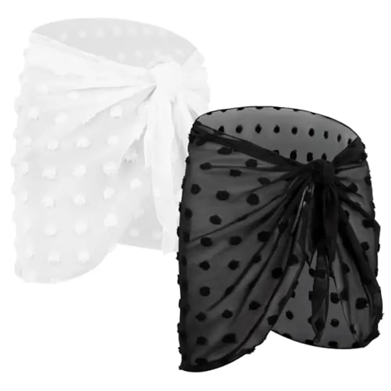 Kiiwah 2 Pezzi Pareo da Spiaggia Donna, Chiffon Cover Up per Bikini, Sarong Mare Sexy, Estivo Copricostume da Donna Mare Elegante per Bikini, Costume da Bagno, Scialle (Nero, Bianco)