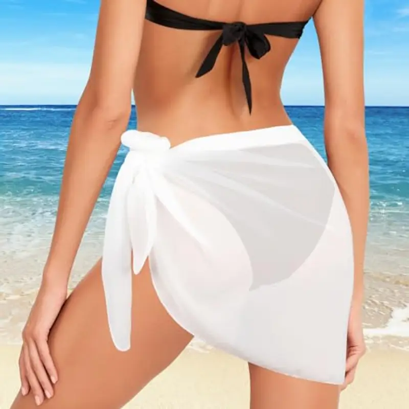 Kiiwah 2 Pezzi Pareo Mare Donna, Sarong Coprire Gonne, Bikini Coprire Multiuso Beach Wrap, Copricostume Corto del Chiffon per Vacanza Party Beachwear (Bianco) miniatura 2