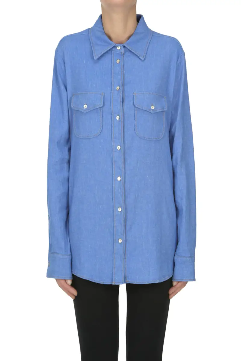Camicia in cotone e lino Denim Chiaro