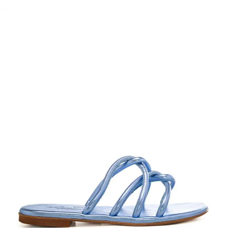 sandali da donna laminati con fascette tubolari a incrocio denim