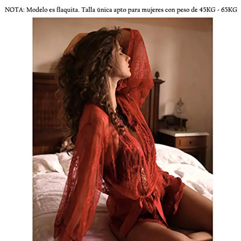 Kimono erotico in pizzo trasparente con cintura in raso, sexy set di biancheria intima a maniche lunghe, biancheria miniatura 3