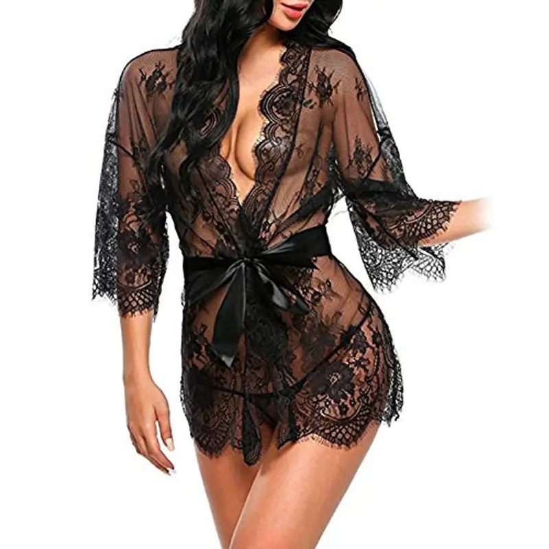 Kimono in pizzo trasparente con cintura in raso, sexy completo di lingerie a maniche lunghe, biancheria intima da
