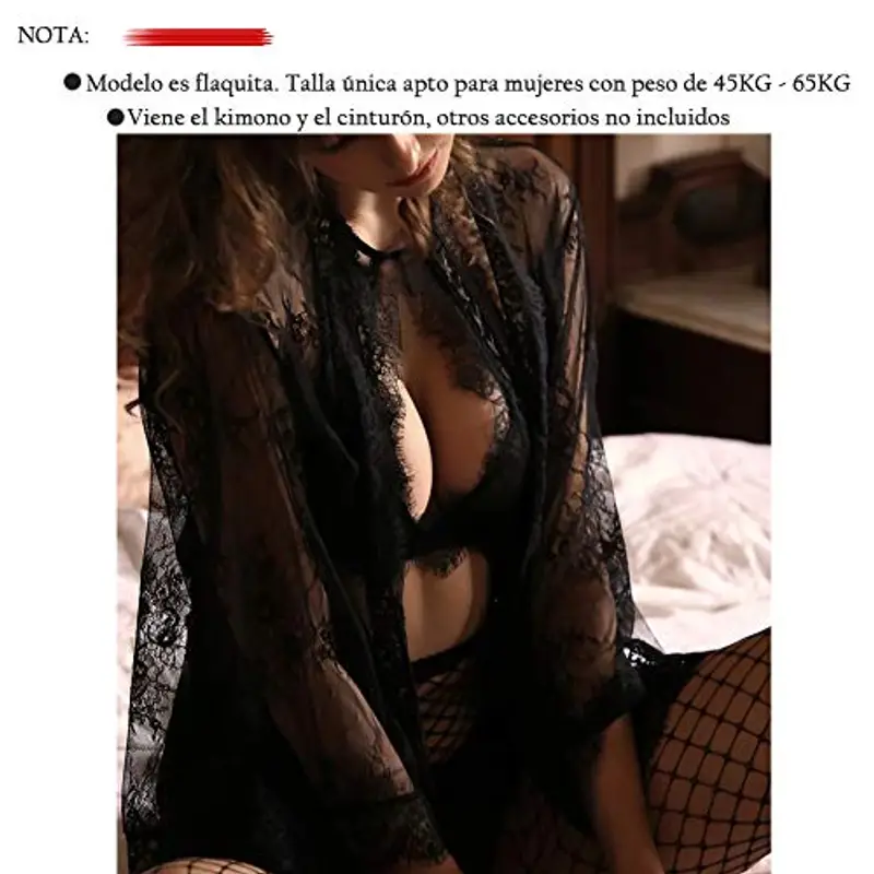 Kimono in pizzo trasparente con cintura in raso, sexy completo di lingerie a maniche lunghe, biancheria intima da miniatura 3