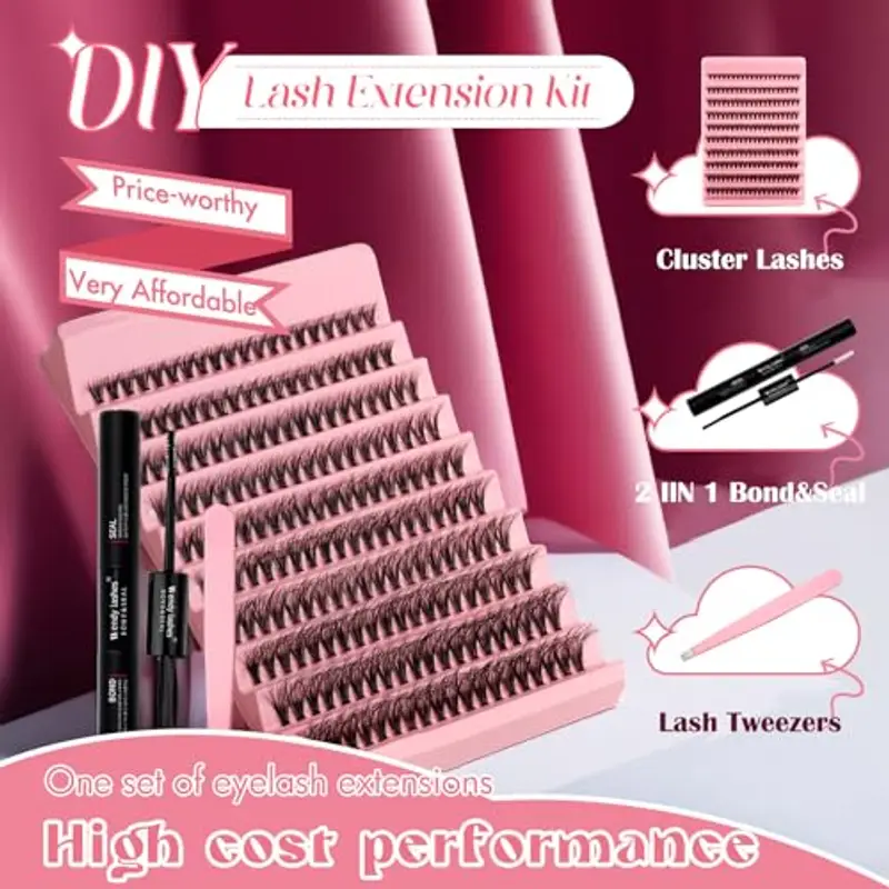 Kit Extension Ciglia 200PCS Clusters Lashes Kit D Curl 0, 07 40D 8-16mm Ciglia Finte Individuali Fluffy Effetto 3D Cluster Eyelash con Lash Bond e Seal for DIY Lashes(Effetto 3D-40D) miniatura 3