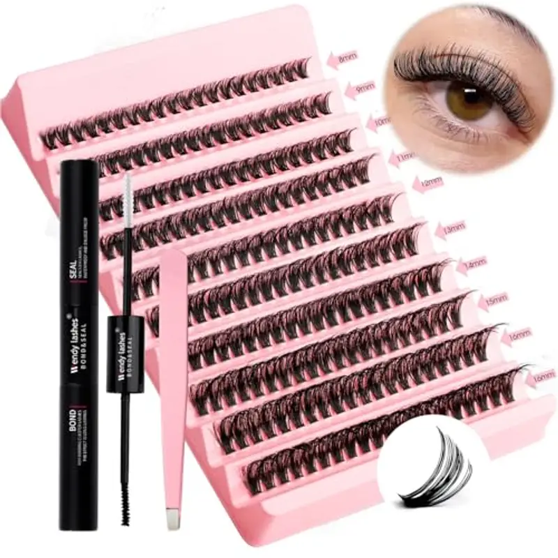 Kit Extension Ciglia 200PCS Clusters Lashes Kit D Curl 0,07 50D 8-16mm Ciglia Finte Individuali Fluffy Cluster Eyelash con Lash Bond e Seal for DIY Lashes(50D)