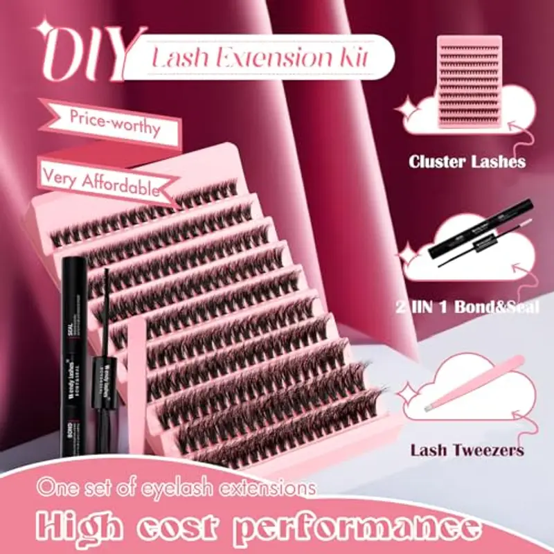 Kit Extension Ciglia 200PCS Clusters Lashes Kit D Curl 0, 07 50D 8-16mm Ciglia Finte Individuali Fluffy Cluster Eyelash con Lash Bond e Seal for DIY Lashes(50D) miniatura 2