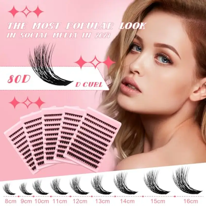Kit Extension Ciglia 200PCS Clusters Lashes Kit D Curl 0, 07 80D 8-16mm Ciglia Finte Individuali Fluffy Effetto 3D miniatura 2