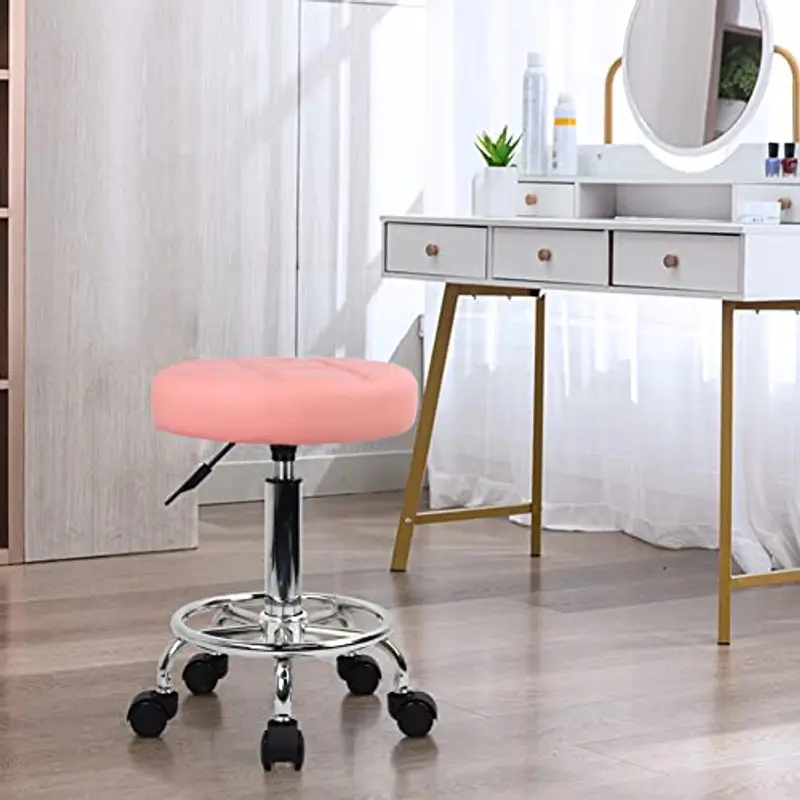 KKTONER Sgabello Rotondo con Ruote per casa Parrucchiere Sedia da Lavoro Imbottita con Ruote con Cuscino in Pelle Sgabello per Ufficio Piccolo (Rosa) miniatura 2