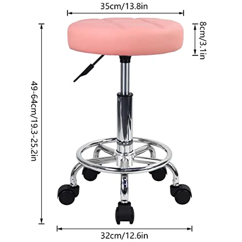 KKTONER Sgabello Rotondo con Ruote per casa Parrucchiere Sedia da Lavoro Imbottita con Ruote con Cuscino in Pelle Sgabello per Ufficio Piccolo (Rosa) miniatura 3
