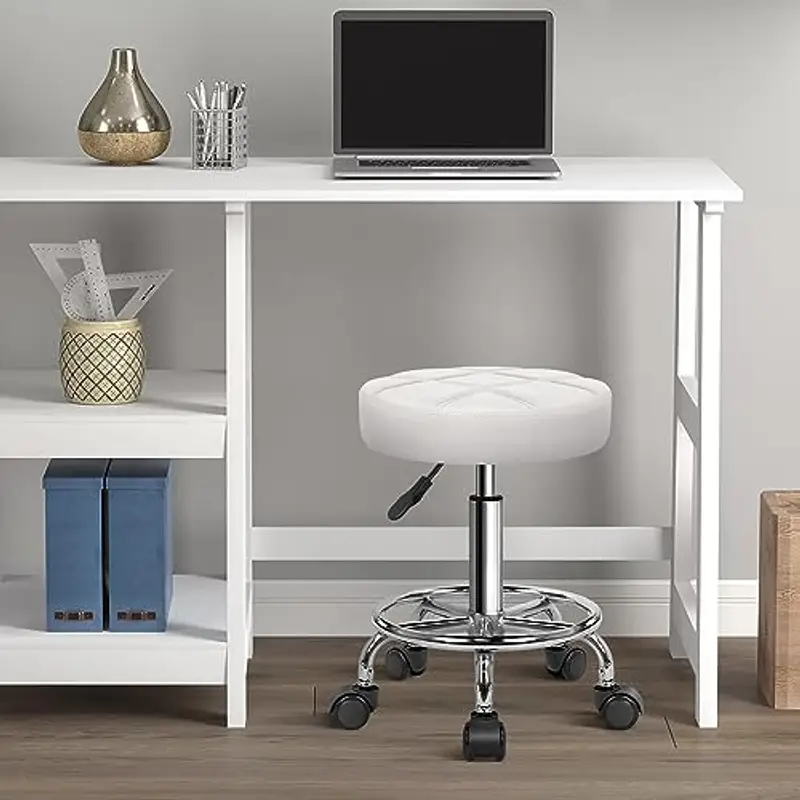 KKTONER Sgabello Rotondo con Ruote Regolabile, Sedia da Lavoro Imbottita con Cuscino in Pelle, Piccolo e Confortevole, per Casa, Parrucchiere, Ufficio, Studio Bianco miniatura 2