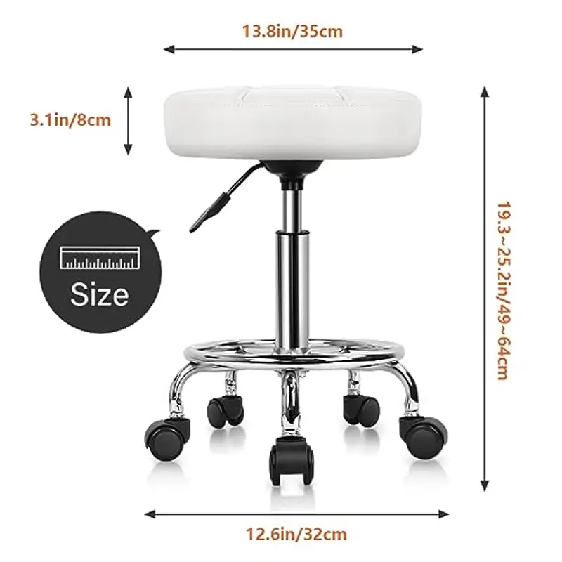 KKTONER Sgabello Rotondo con Ruote Regolabile, Sedia da Lavoro Imbottita con Cuscino in Pelle, Piccolo e Confortevole, per Casa, Parrucchiere, Ufficio, Studio Bianco miniatura 3